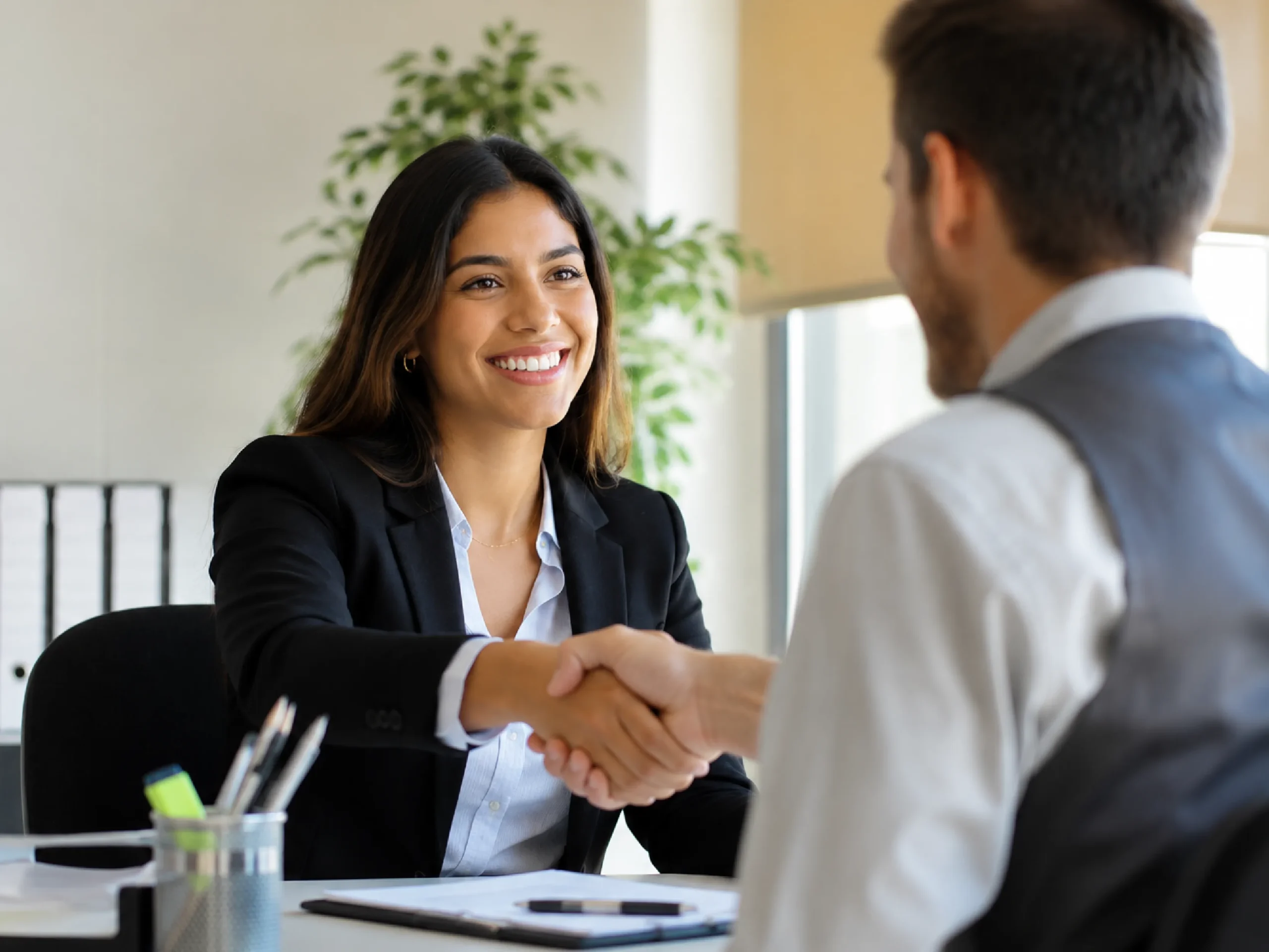 Asesora inmobiliaria acompañando a un cliente durante el proceso de compra