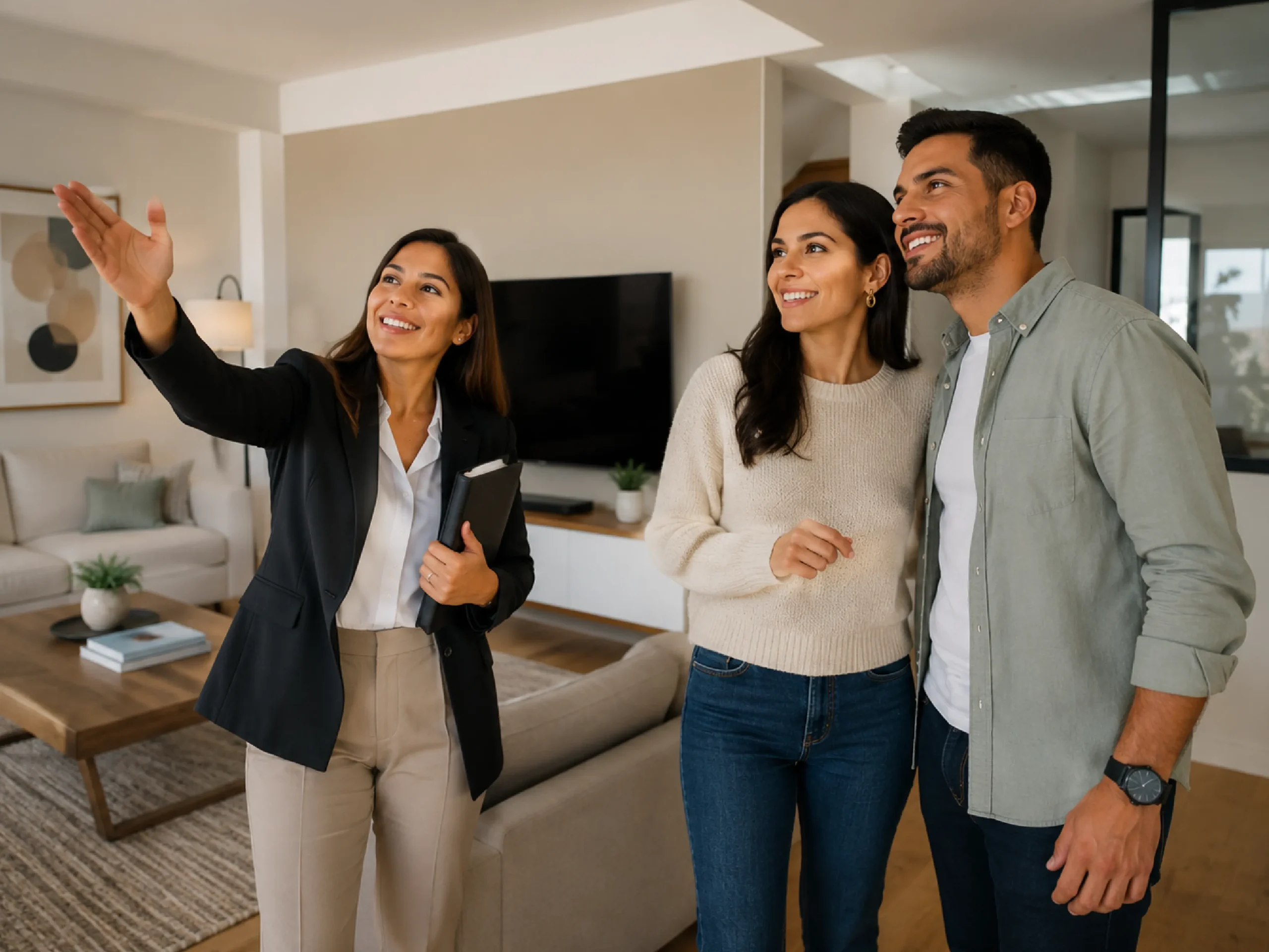 Asesora inmobiliaria mostrando un departamento a una pareja