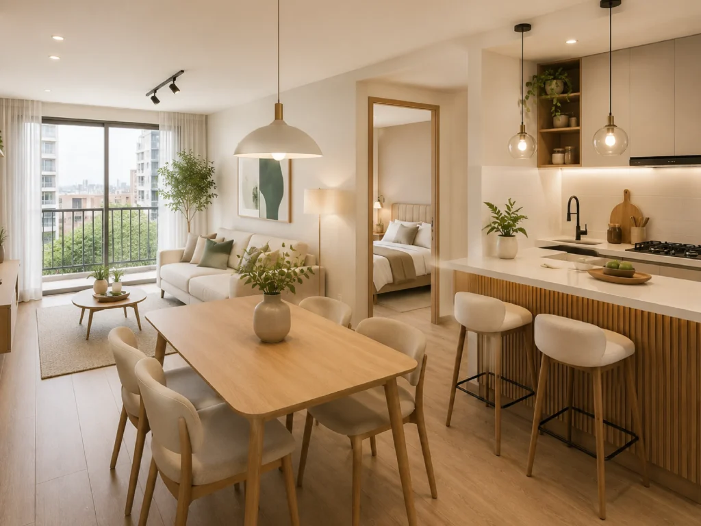 Cocina y comedor de un proyecto de inmobiliaria boutique con diseño moderno y acabados de calidad